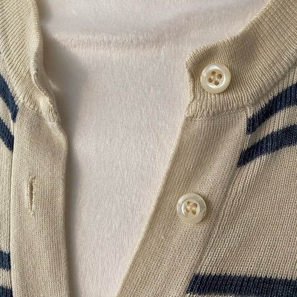 **PRADA** Navy Blue White Stripe T-shirt Blouse Size 40 Small Button Pockets - Picture 6 of 9